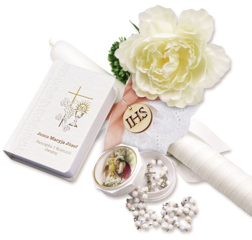 Zestaw na Pierwszą Komunię - świeca, różaniec w etui i modlitewnik