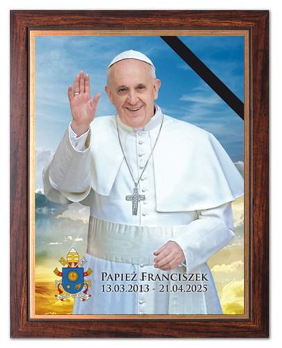 Obraz religijny Papież Franciszek - rama drewniana ze złotym paskiem