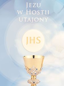 Baner na Boże Ciało "Jezu w Hostii..." błękitny 75x100 cm