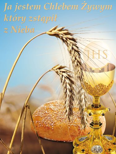 Baner na Boże Ciało "Ja jestem..." błękitny 75x100 cm