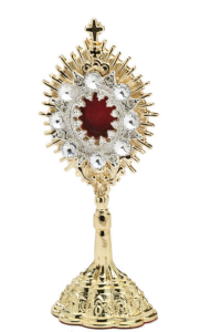 Relikwiarz z mosiądzu złocony, wysadzany kamieniami