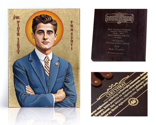 Ikona religijna Święty Piotr Jerzy Frassati - dedykacja / własny tekst