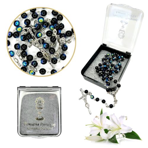 Różaniec komunijny | granatowy + pudełeczko