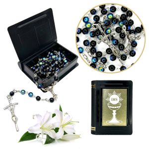 Różaniec komunijny granatowy + pudełeczko na różaniec  