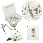 Różaniec komunijny perłowy + pudełeczko na różaniec 