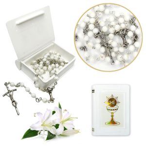 Różaniec komunijny perłowy + pudełeczko na różaniec 