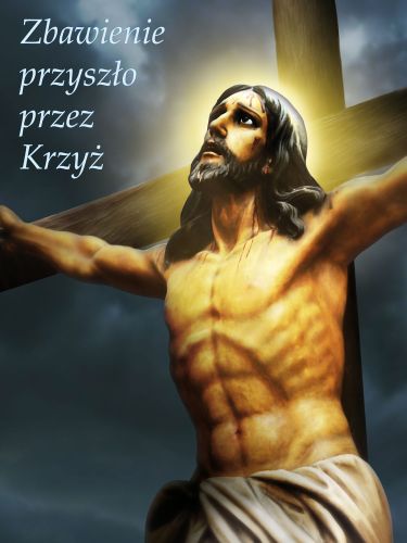 Baner na Wielki Post "Zbawienie przyszło przez..." 75x100 cm