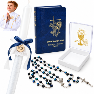 Zestaw na Pierwszą Komunię - świeca, różaniec w etui i modlitewnik