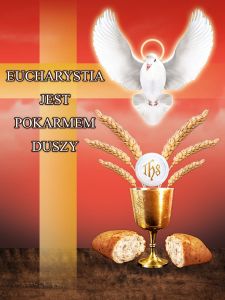 Baner na Boże Ciało "Eucharystia jest pokarmem duszy" 75x100cm