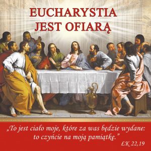 Baner na Boże Ciało "Eucharystia jest pokarmem duszy" 150x150cm